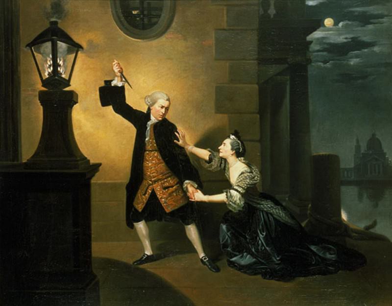 David Garrick (1717-79) as Jaffier and Susannah Maria Cibber 1714-76 as Belvidera in «The Merchant of Venice» by William Shakespeare. Johann Zoffany