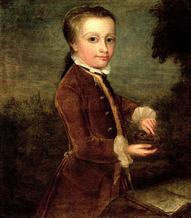 Portrait of Wolfgang Amadeus Mozart (1756-91) aged eight, holding a birds nest. Johann Zoffany
