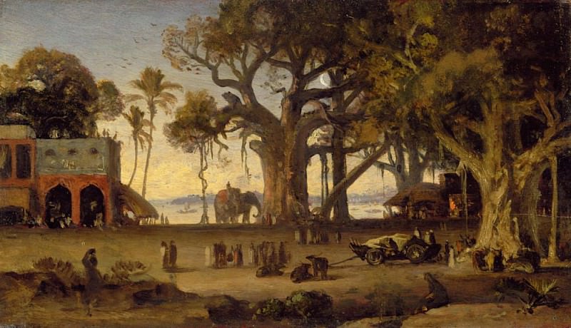 Moonlit Scene of Indian Figures and Elephants among Banyan Trees, Upper India. Johann Zoffany
