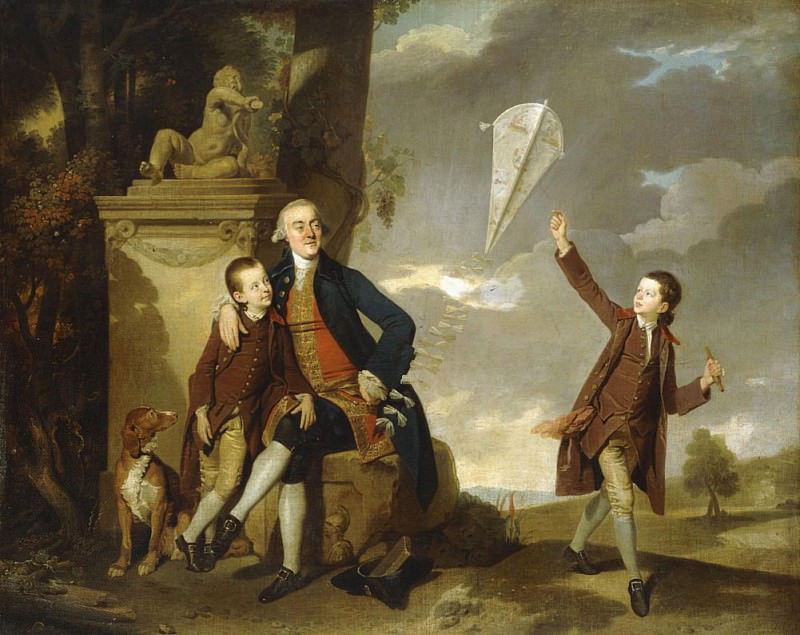 Group Portrait of George Fitzgerald with his Sons George, seen flying a Kite and Charles.. Johann Zoffany