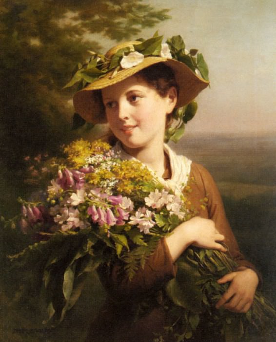 Zuber Buhler Fritz A Young Beauty Holding A Bouquet Of Flowers. Бюлер Фриц Зубер
