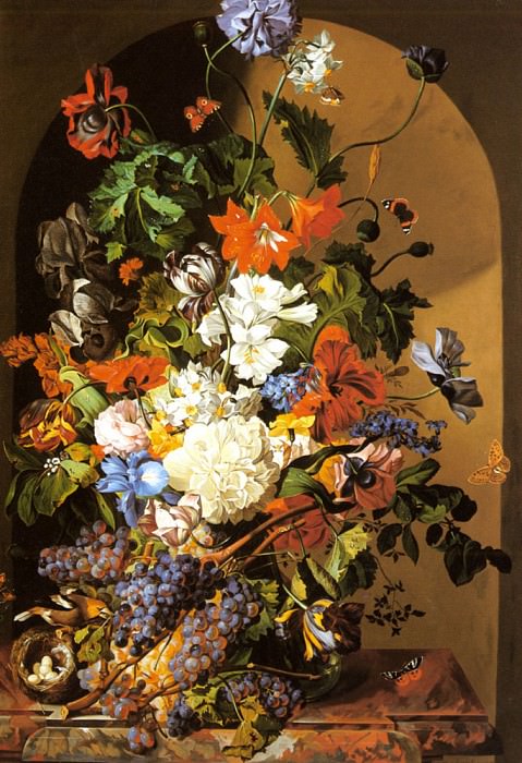 Zinnogger Leopold A Still Life With Flowers And Grapes. Леопольд Зинноггер