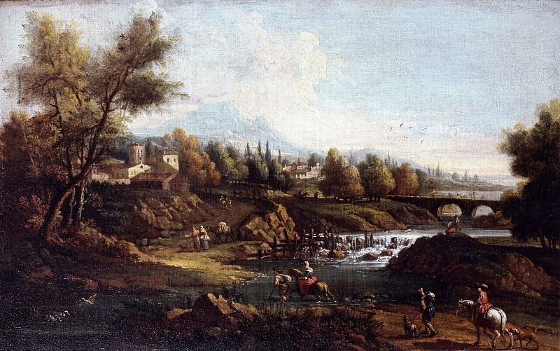 River landscape with ford, wayfarers and horsemen. Francesco Zuccarelli (Workshop)