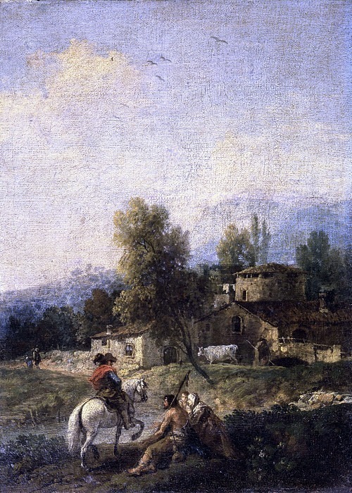 Landscape with village, knight and beggars