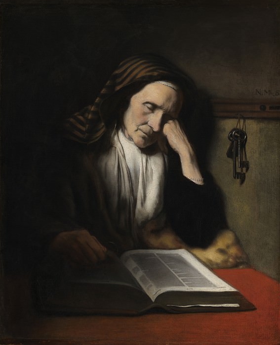 Nicolaes Maes - An Old Woman Dozing over a Book. National Gallery of Art (Washington)