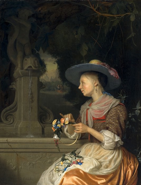 Godefridus Schalcken - Woman Weaving a Crown of Flowers. National Gallery of Art (Washington)
