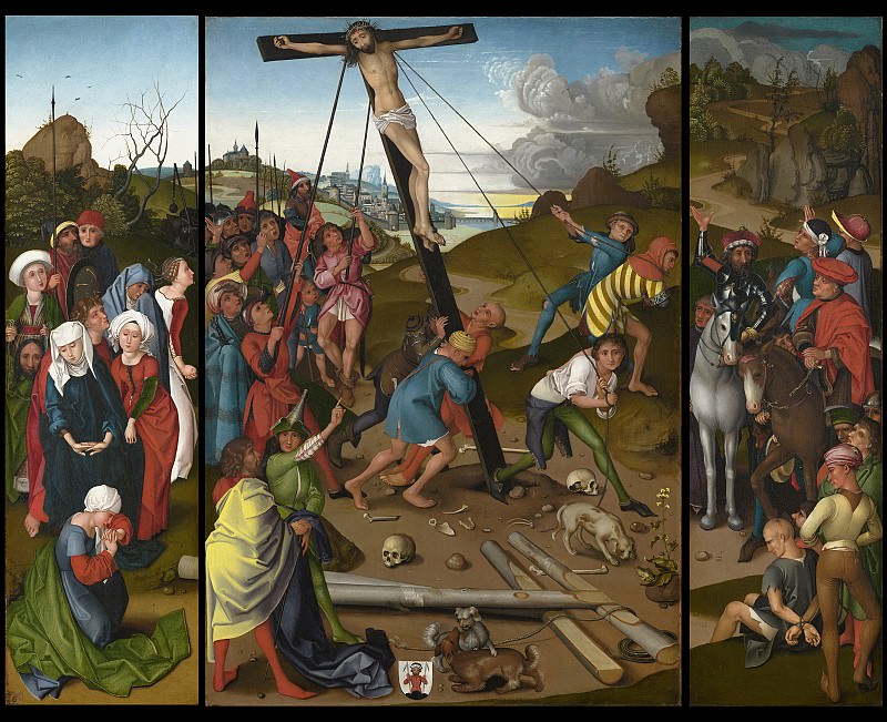 Master of the Starck Triptych – The Raising of the Cross [center, left, and right panels], National Gallery of Art (Washington)