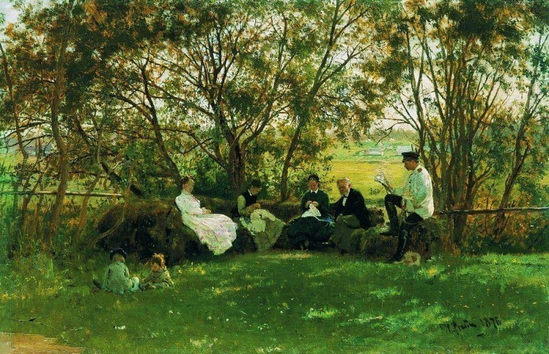 On the Turf Bench. Picture. 1876. Ilya Repin