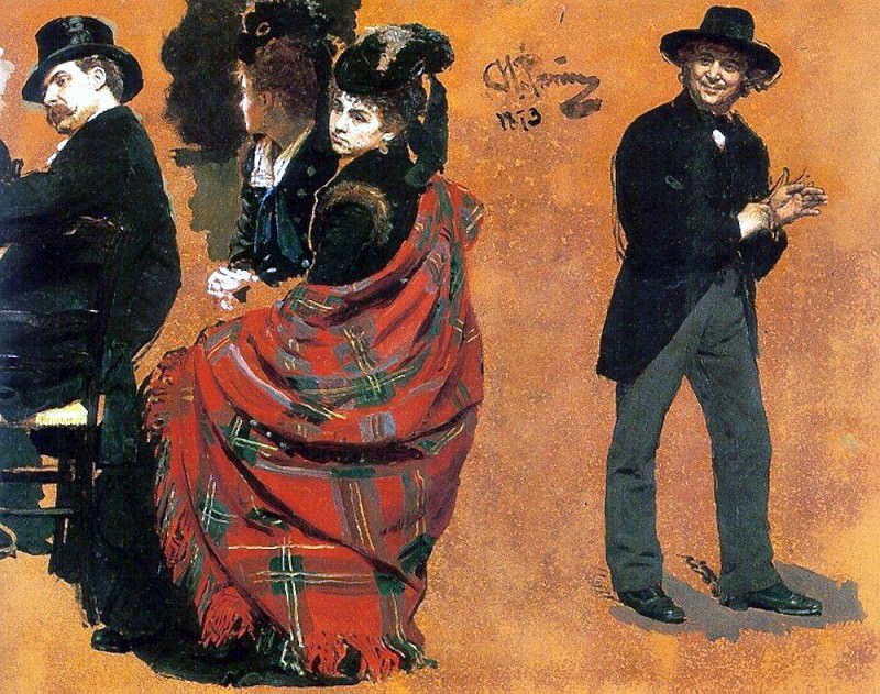 Мужчина и женщина за столиком. Мужчина, натягивающий перчатку. 1873. Илья Ефимович Репин