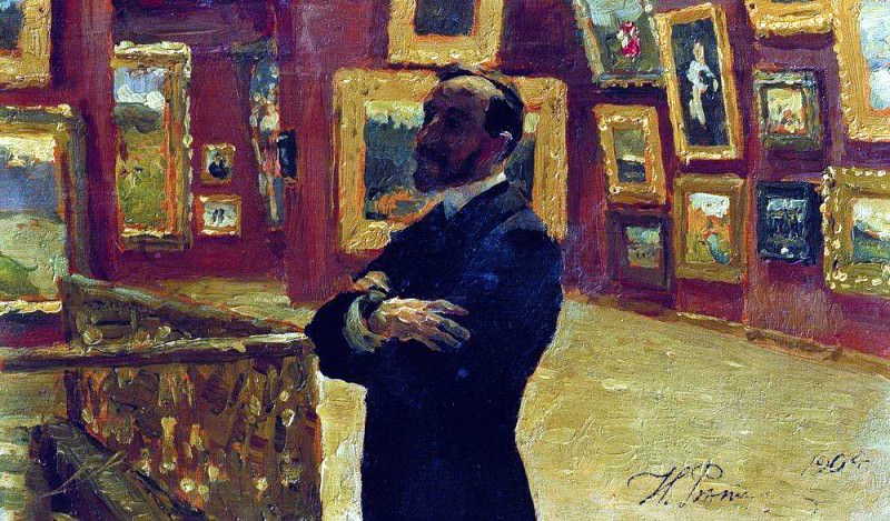 NA A. Mudrogel in the pose of Pavel Tretyakov in the halls of the gallery. Ilya Repin