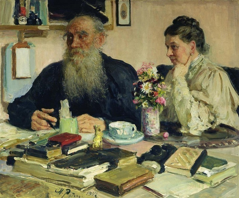 Leo Tolstoy with his wife in Yasnaya Polyana. Ilya Repin