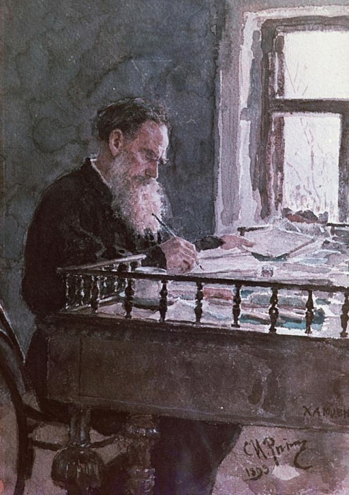 Lev Tolstoy (1828-1910) at work. Ilya Repin