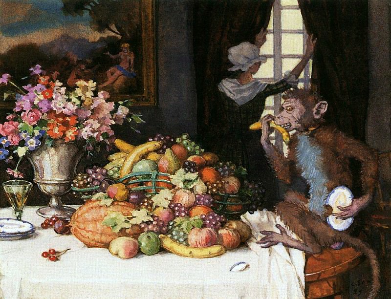 A greedy monkey. 1929. Konstantin Andreevich (1869-1939) Somov