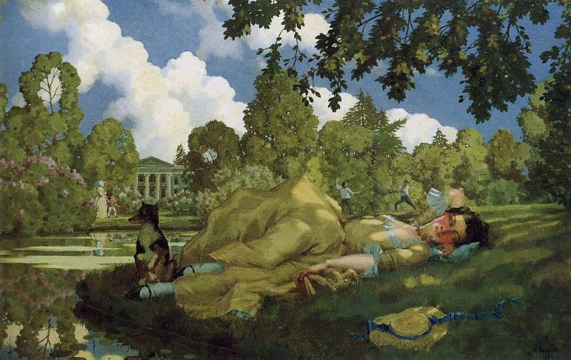 Sleeping young woman in the park. Konstantin Andreevich Somov