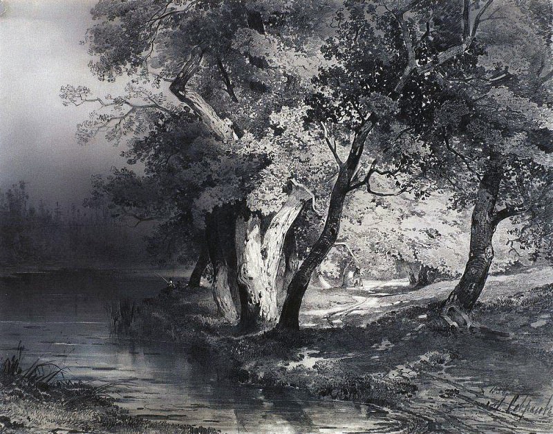 Лес у озера, освещенный солнцем. 1856. Алексей Кондратьевич Саврасов