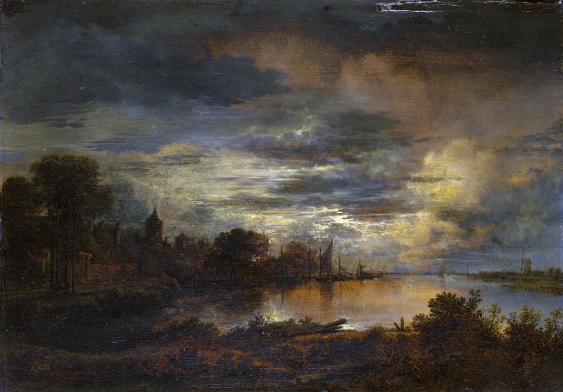 Aert van der Neer - A Village by a River in Moonlight. Part 1 National Gallery UK
