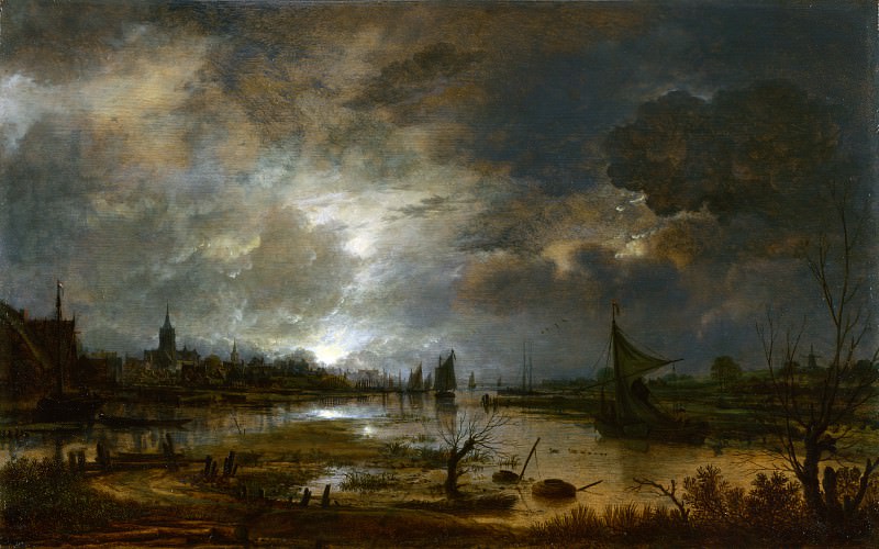 Aert van der Neer - A River near a Town, by Moonlight. Part 1 National Gallery UK