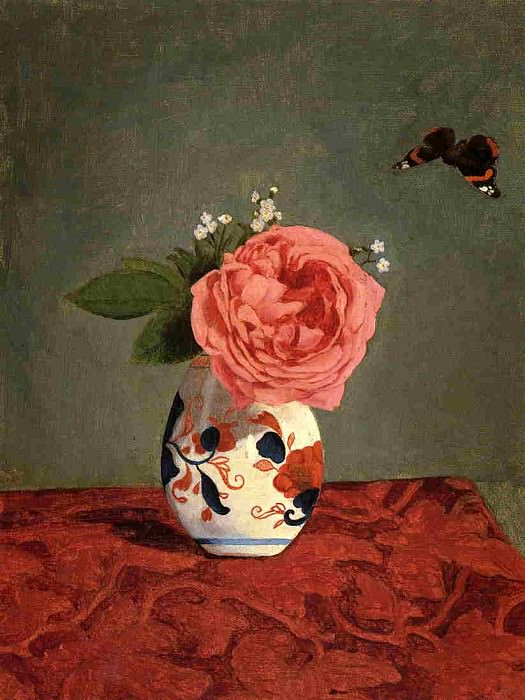 Garden Rose and Blue Forget-Me-Nots in a Vase. Gustave Caillebotte