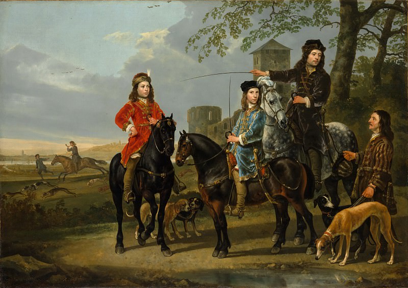 Aelbert Cuyp - Equestrian Portrait of Cornelis (1639–1680) and Michiel Pompe van Meerdervoort (1638–1653) with Their Tutor and Coachman (Starting for the Hunt). Metropolitan Museum: part 1