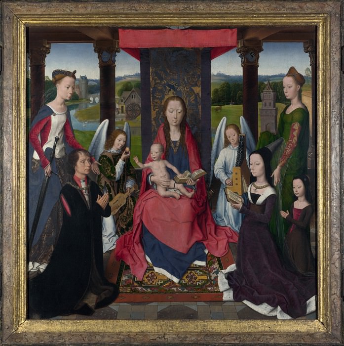 Ханс Мемлинг - Триптих Джона Донна (центр) - Мадонна с Младенцем на троне со святыми, ангелами и донаторами. Часть 3 Национальная галерея
