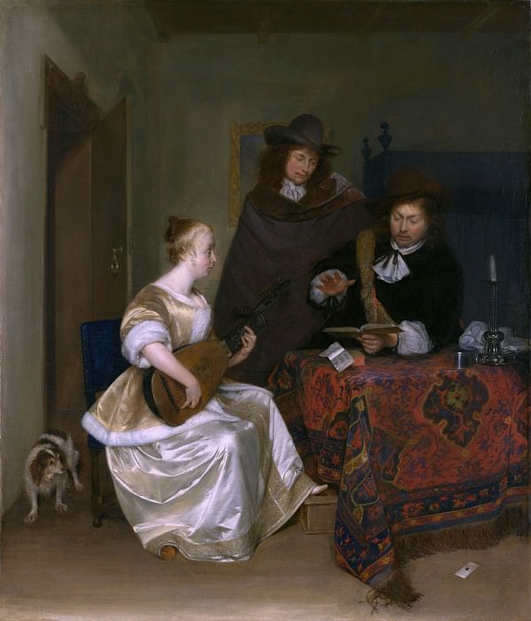 Герард Терборх - Женщина, играющая на теорбе двум мужчинам. Часть 3 Национальная галерея