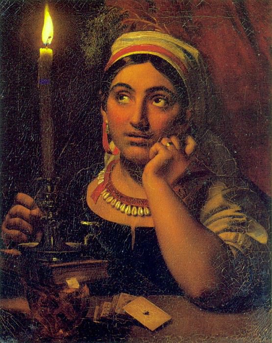 fortune-teller with a candle. 1828. Oil on canvas. 64h51. GRM. Orest Adamovich Kiprensky