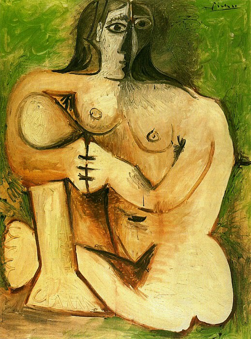 1960 Femme nue accroupie sur fond vert. Pablo Picasso (1881-1973) Period of creation: 1943-1961