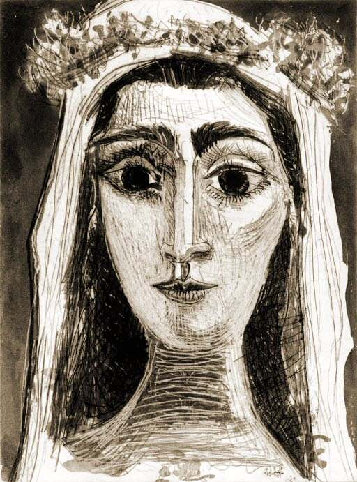1961 Jacqueline en mariВe, de face I(XIV). Пабло Пикассо (1881-1973) Период: 1943-1961
