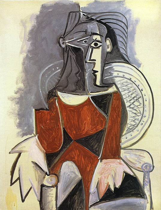 1960 Femme assise de face, en brun, au fauteuil dosier. Пабло Пикассо (1881-1973) Период: 1943-1961