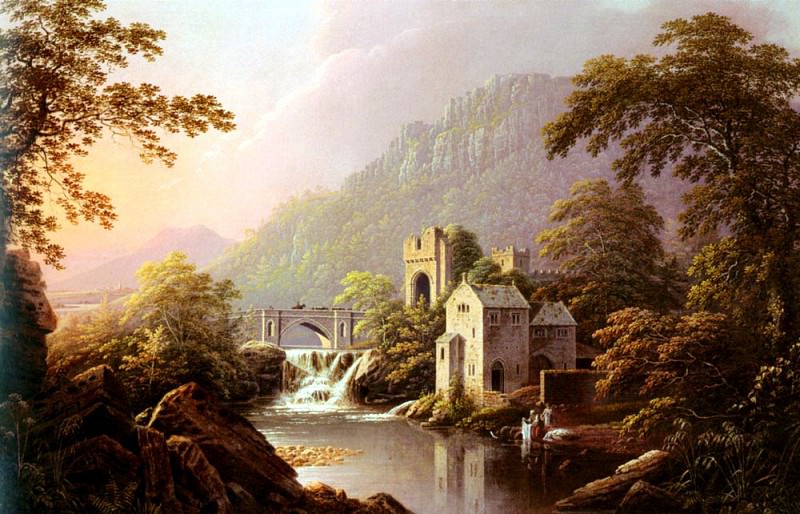 Джордж Кьюитт - Пейзаж. Река, мост и далекие горы. Американские художники