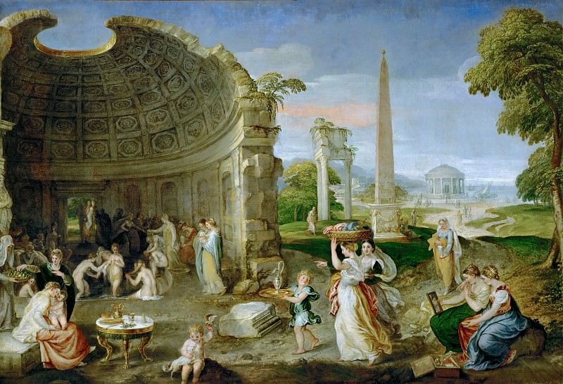 Lambert Sustris -- Landscape with antique ruins and bathing women. Kunsthistorisches Museum