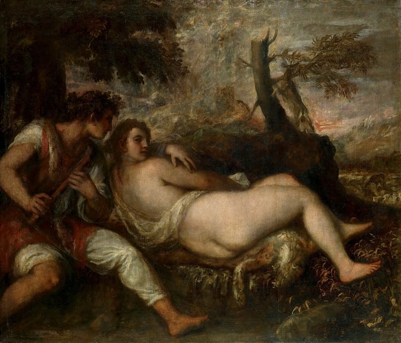 Titian -- Nymph and Shepherd. Kunsthistorisches Museum