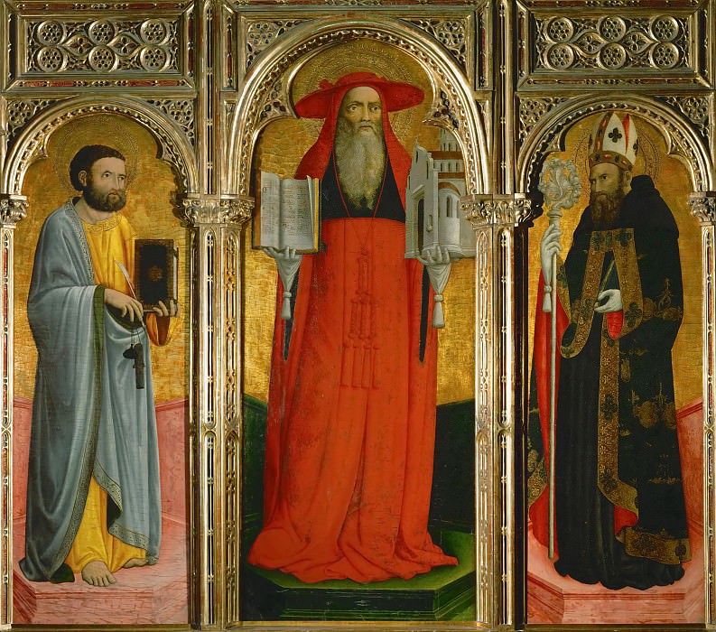 Antonio Vivarini -- Altar of Saint Jerome, center; Saint Jerome, Saint Mark, Saint Ambrosius. Kunsthistorisches Museum