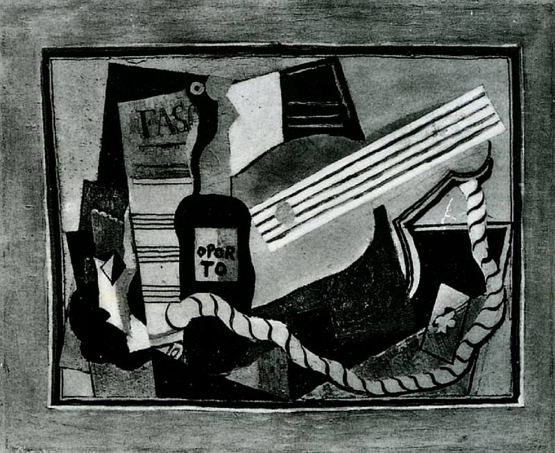 1917 Partition, bouteille de porto, guitare et cartes Е jouer. Pablo Picasso (1881-1973) Period of creation: 1908-1918