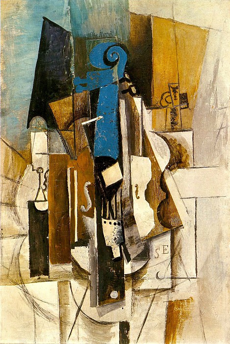 1913 Violon au cafВ (Violon, verre, bouteille). Pablo Picasso (1881-1973) Period of creation: 1908-1918