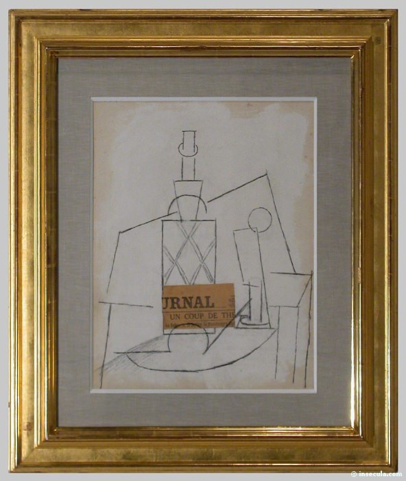 1912 Bouteille, verre et journal sur une table. Пабло Пикассо (1881-1973) Период: 1908-1918