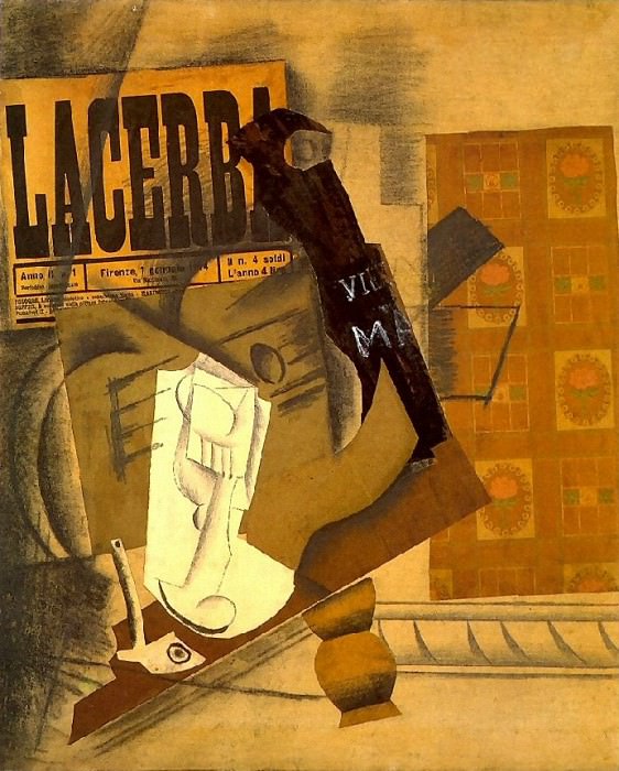 1914 Pipe, verre, journal, guitare, bouteille de vieux marc (Lacerba). Пабло Пикассо (1881-1973) Период: 1908-1918