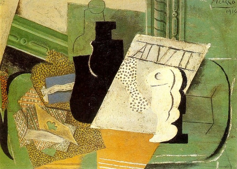 1914 Cartes Е jouer, bouteille, verre, Пабло Пикассо (1881-1973) Период: 1908-1918