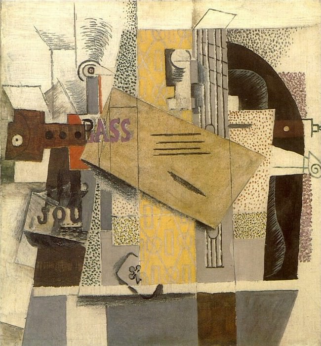 1913 Bouteille de Bass, clarinette, guitare, violon, journal, as de trКfle [Le violon], Pablo Picasso (1881-1973) Period of creation: 1908-1918