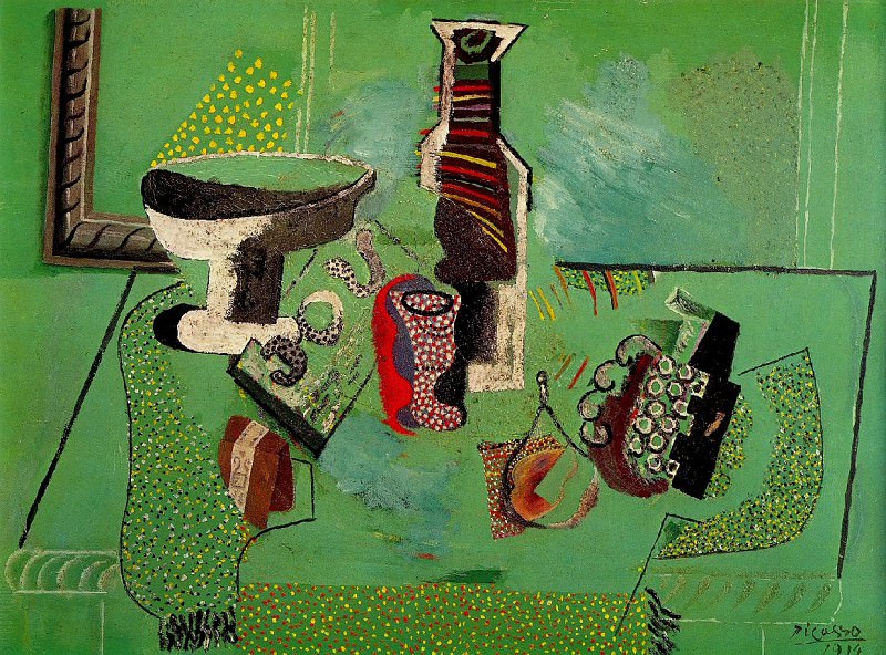 1914 Compotier, verre, bouteille, fruits (Nature morte verte). Pablo Picasso (1881-1973) Period of creation: 1908-1918