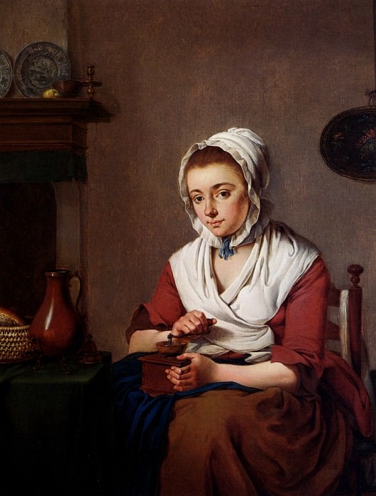 Lauwers Jacobus Jahannes A Maid Grinding Coffee. French artists