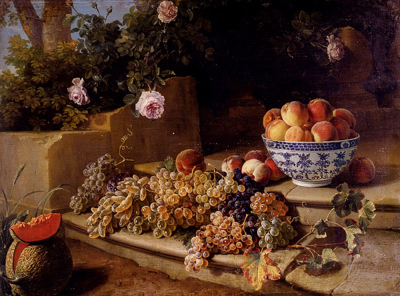 Desportes Alexandre Francois Still Life Of Grapes Peaches In A Blue And White Porcelain Bowl And A Melon. French artists