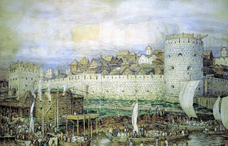 Moscow Kremlin with Dmitry Donskoi (probable view of the Kremlin of Dmitry Donskoy Tokhtamish before the invasion in 1382). 1922. Apollinaris M. Vasnetsov