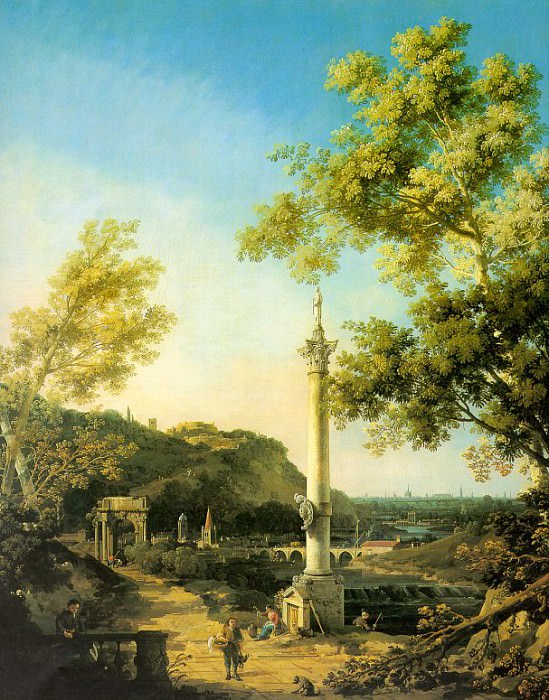 Capriccio- River Landscape with a Column, a Ruined. Canaletto (Giovanni Antonio Canal)