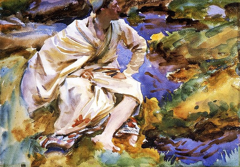 A Man Seated by a Stream, Val d’Aosta, Pertud. John Singer Sargent
