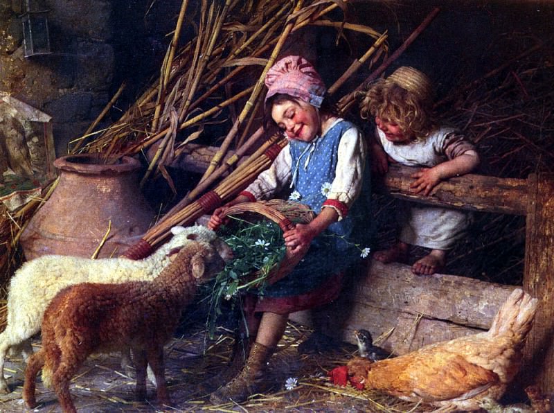 Chierici Gaetano Feeding The Lambs. The Italian artists