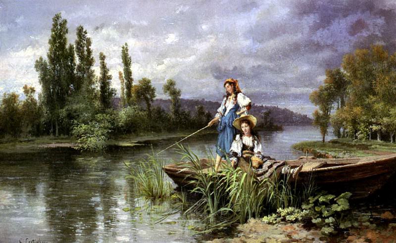 Castiglione Giuseppe On The River At Dusk. The Italian artists