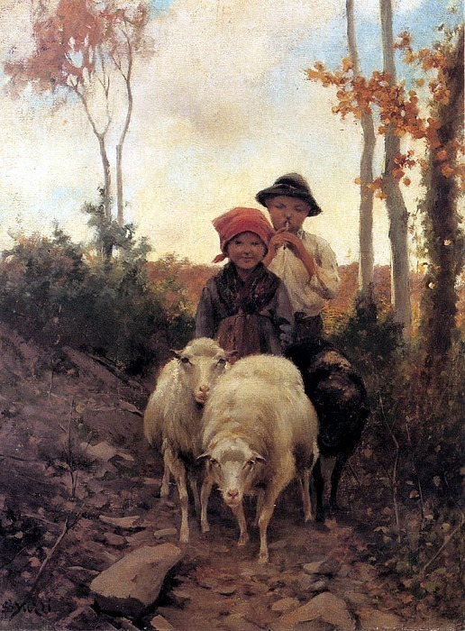 Бруцци, Стефано - Дети с овцами на дорожке. Итальянские художники