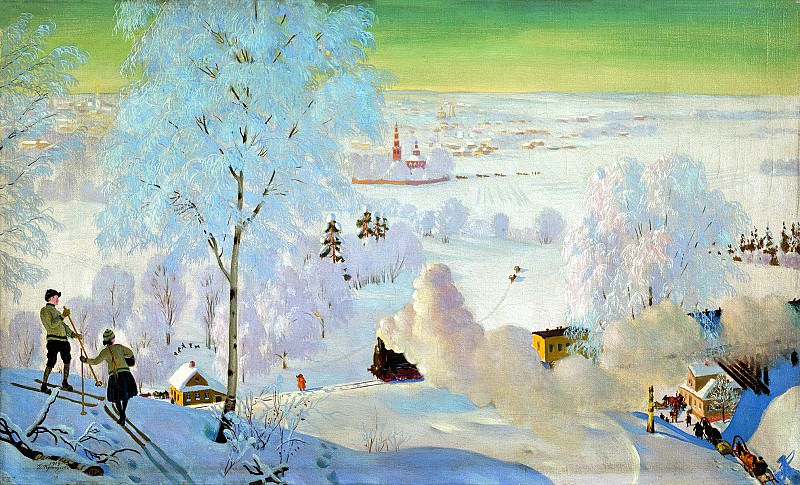 Kustodiyev Boris - Skiers. 900 Classic russian paintings