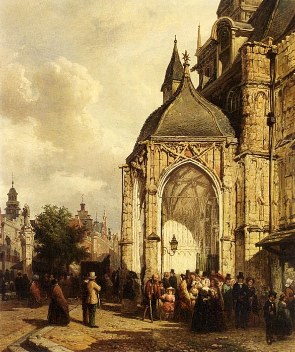 Bommel Elias Pieter Van Figures At The Entrance Of The St Stevens Church. Dutch painters